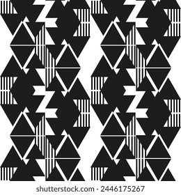 Seamless graphic vector pattern consisting of black geometric shapes - triangles and stripes. Suitable for interior, wallpaper, fabrics, clothing, stationery.

