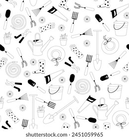 Seamless graphic vector pattern with garden tools pattern, bucket, shovel, pot with plant, watering hose, can, straw hat, gloves, trimmer and daisies.
