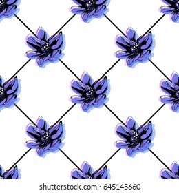 Seamless graphical pattern with the image of blue flowers on a geometric background. Vector illustration. Imitation of drawing with ink.