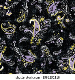 seamless graphical traditional paisley pattern with texture at the background. Modern bright contrasting indian allover design with floral motif. East asian culture. Persian textile.