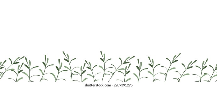 Seamless grass border in muted shades of green on a white background. Botanical frame, banner for placing text, etc.Rectangular vector illustration in naive style for promotion, discounts, advertising