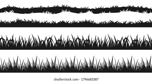 Seamless grass border silhouette. Tuft line set isolated on white background. Nature element for lawn or meadow design. Black plant border collection for landscape vector illustration