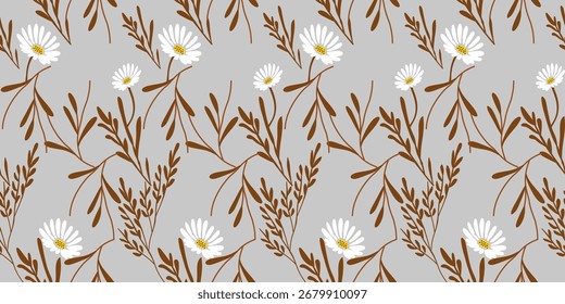 Fundo de grama e flor sem costura com padrão de folha dourada. Fundo contínuo, banner, padrão de tecido, padrão de papel.