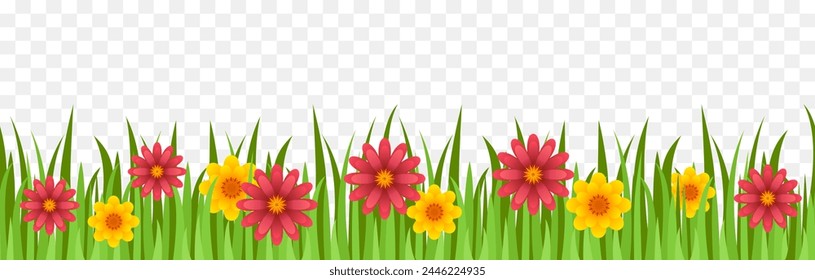 Seamless grass with flowers. Border of grass and flowers. Vector illustration.