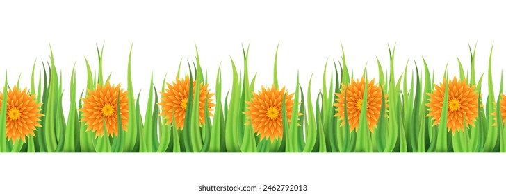 Seamless grass with flowers. Border of grass and flowers. Vector illustration.