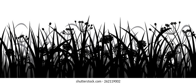 Seamless grass, herbs and flowers silhouette, vector illustration