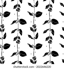Seamless grass pattern. Black silhouettes of branches and leaves on a white background.For decorating fabric, paper, packaging, wallpaper.