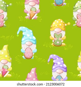 Seamless grass pattern with cute gnomes for Happy Easter.