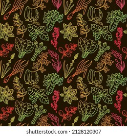 Seamless grass pattern, drawn element in doodle style. Silhouettes in rainbow colors n Herbs and spices - chili, vanilla, barberry, rosemary, bay leaf, etc. Pattern in a fashionable linear style.