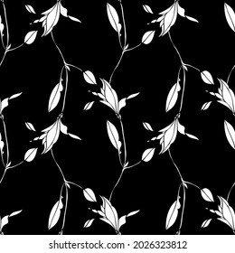 Seamless grass pattern. White silhouettes of branches and leaves on a black background.For decorating fabric, paper, packaging, wallpaper.