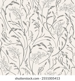 Seamless grassy pattern with different types of wild cereals. Vector botanical illustration with spikelets. Black and white.