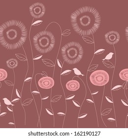 Seamless grassy texture with birds.Endless horizontal floral pattern. You can use it in textile design, greeting cards, graphic design. 
