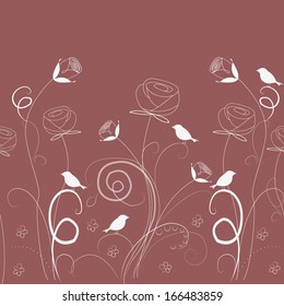 Seamless grassy texture with birds.Endless horizontal floral pattern. You can use it in textile design, greeting cards, graphic design.