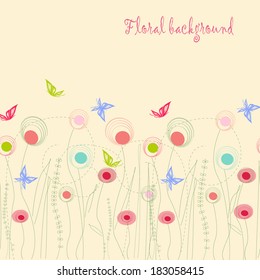Seamless grassy texture.Endless horizontal floral pattern with butterflies. 