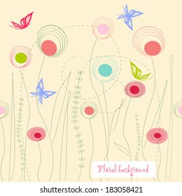 Seamless grassy texture.Endless horizontal floral pattern with butterflies. 