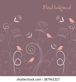 Seamless grassy texture.Endless horizontal floral pattern with birds. You can use it in textile design, greeting cards, graphic design. 