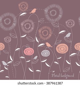 Seamless grassy texture.Endless horizontal floral pattern with birds. You can use it in textile design, greeting cards, graphic design. 