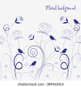 Seamless grassy texture.Endless horizontal floral pattern with birds. You can use it in textile design, greeting cards, graphic design. 