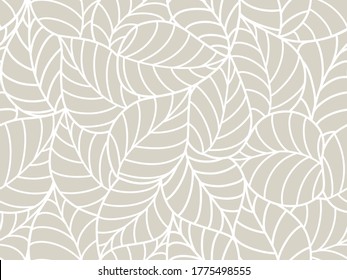 seamless gray abstract background with white leaves drawn by thin lines