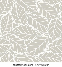 seamless gray abstract background with white  oak leaves drawn by thin lines