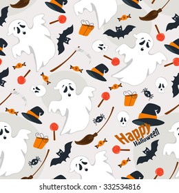 Seamless gray background flat design illustration of Halloween I really, spider, scythe, broom, witch hat, gift, candy and lollipops.