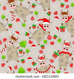 Seamless gray background with funny brown bulls surrounded by festive New Year elements. Vector illustration with symbol of 2021. For packing, fabric, New Year/Christmas card, wallpaper.