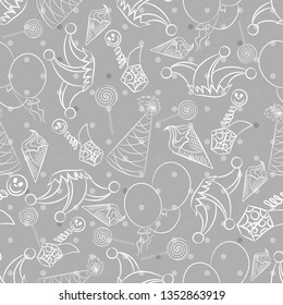 Seamless gray background. Template, ornament, greeting card suitable for birthday, April 1st-fool's Day, humorous party, circus, children's clothing, paper, packaging, websites.