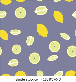 
Seamless gray background of whole lemons and lemon slices flat design vector illustration