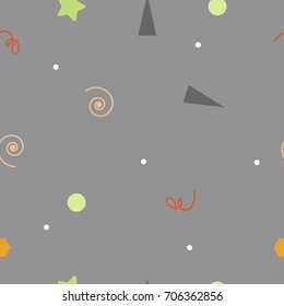 Seamless gray birthday pattern. Abstract holiday background for wrapping, print, textile, fabric. Cute pattern with confetti. Vector illustration