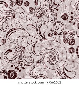Seamless gray and brown floral pattern with transparent vintage flowers (vector EPS 10)