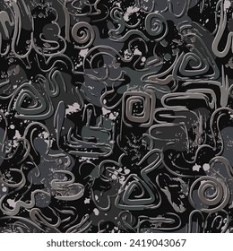 Seamless gray camouflage pattern with abstract wavy shapes, swirls, twirls, paint brush strokes, blots, spattered paint. Dense random composition. Grunge texture