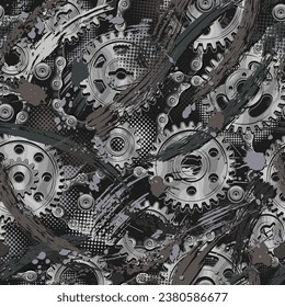 Seamless gray camouflage pattern with gears, paint splatter, smudge paint brush stroke, dotted halftone texture. For apparel, fabric, textile, sport goods. Not AI