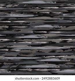 Seamless gray camouflage pattern with horizontal stripes. Frayed texture, smudge paint. Dense random chaotic composition. For apparel, fabric, textile, sport goods. Grunge style