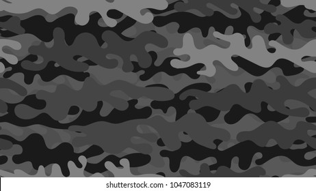 Seamless gray camouflage pattern. Repeating black white military clothing texture.