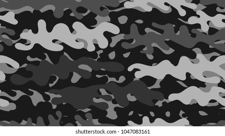 Seamless gray camouflage pattern. Repeating black white military clothing texture.