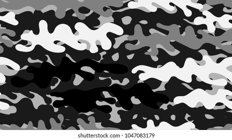 Seamless gray camouflage pattern. Repeating black white military clothing texture.