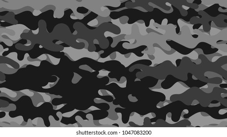 Seamless gray camouflage pattern. Repeating black white military clothing texture.