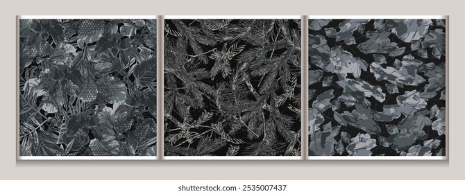 Seamless gray camouflage patterns with fir twigs with dry needles, forest foliage, nature. Forest nature objects. For apparel, fabric, textile, sport goods.