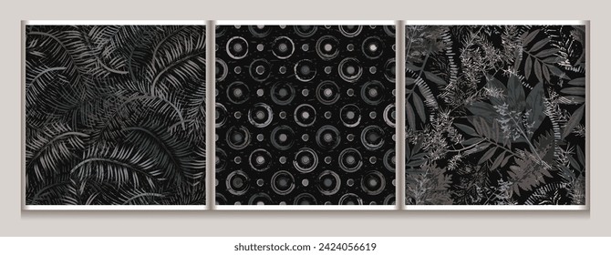 Seamless gray camouflage patterns with leaves, polka dot ornament. Grunge style. For apparel, fabric, textile, sport goods design.