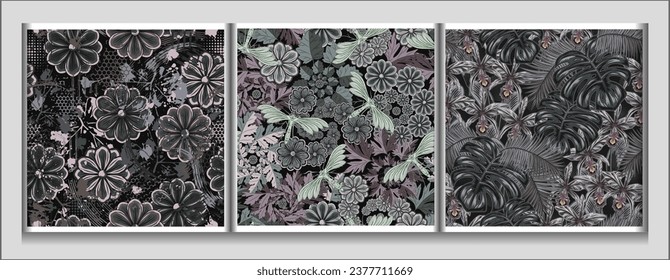 Seamless gray camouflage patterns with nature elements. Floral motifs with leaves, flowers, butterfly, abstract shapes. For apparel, fabric, textile, sport good design. Not AI