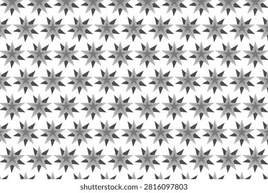Seamless gray eight-pointed star pattern creating a geometric, modern background texture. Flat repeating motif suited for wallpaper, fabric, web backgrounds, packaging and decorative surface design projects.