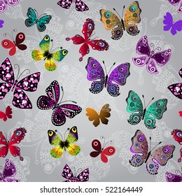 Seamless gray gradient pattern with bright colorful and white lace butterflies, vector

