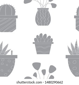 Seamless gray (grey) pattern of unusual  home plants in flower pots. The pattern objects are drawn in the Scandinavian style (flat simple drawing).