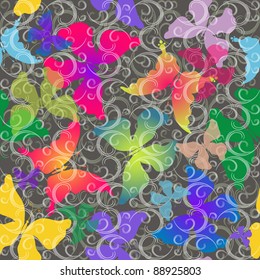 Seamless gray pattern with colorful transparent butterflies and curls (vector EPS 10)