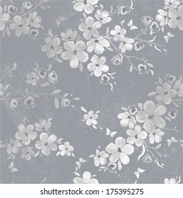 Seamless gray pattern with flowers and butterflies.