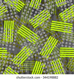 Seamless gray pattern with green lines and dots