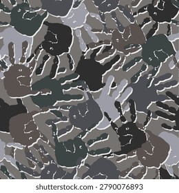 Seamless gray pattern with paint handprints of child. Camouflage style. Random messy composition with scattered objects. Print for apparel, textile design