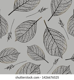 Seamless gray pattern with skeletal leaves. Background with skeletons of leaves. Vector illustration.