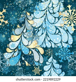 Patrón gris sin foco con bosque mágico estilizado, primos, copos de nieve, mariposas doradas y estrellas. Vector eps 10