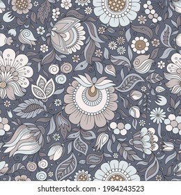 Patrón floral gris y rosado, telón de fondo veraniego. Diseño de superficie dibujado a mano con flores en el jardín. Se puede usar para papeles pintados, rellenos de patrones, texturas superficiales.